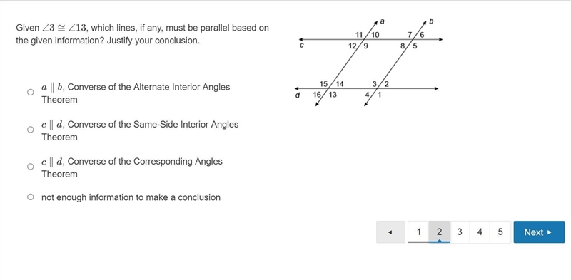 Given ∠3≅∠13, which lines, if any, must be parallel based on the given information-example-1