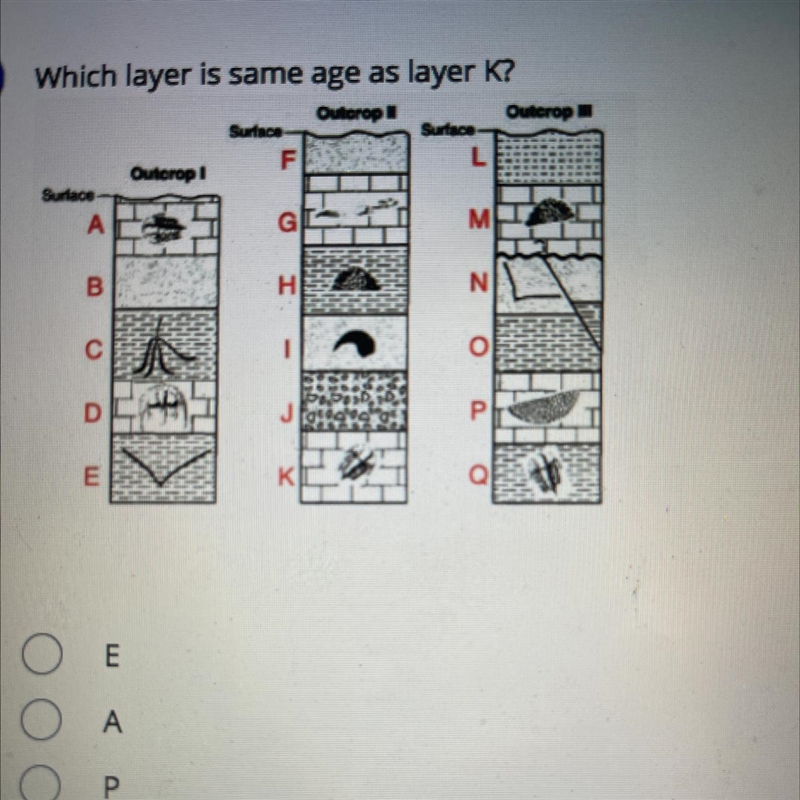 Which layer is same age as layer K? 1.E 2.A 3.P 4.D-example-1