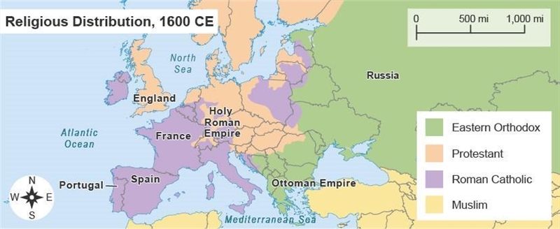 Review the map. In 1600 CE, most people in England were Eastern Orthodox Muslim Roman-example-1