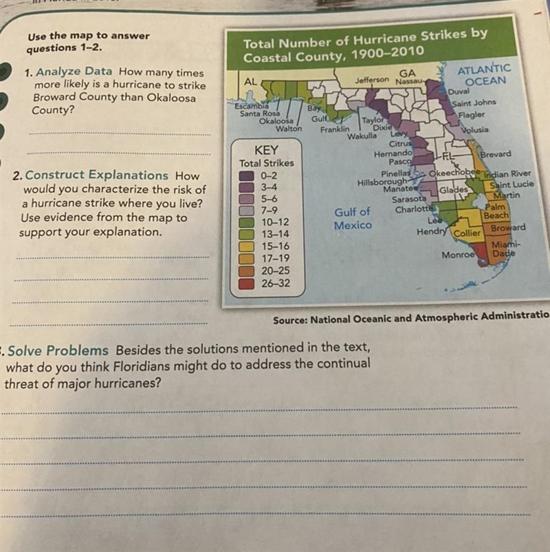 How many times more likely is a hurricane to strike Broward County than Okaloosa County-example-1