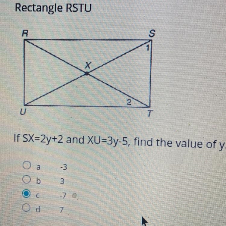 If SX=2y+2 and XU=3y-5, find the value of y-example-1