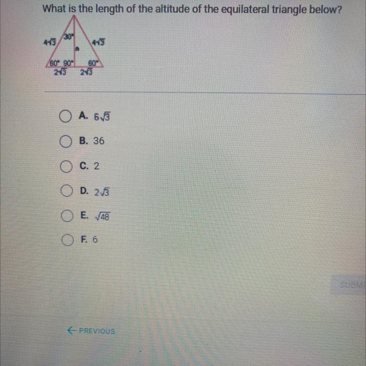 What’s is the length of the altitude of the equilateral triangle below-example-1