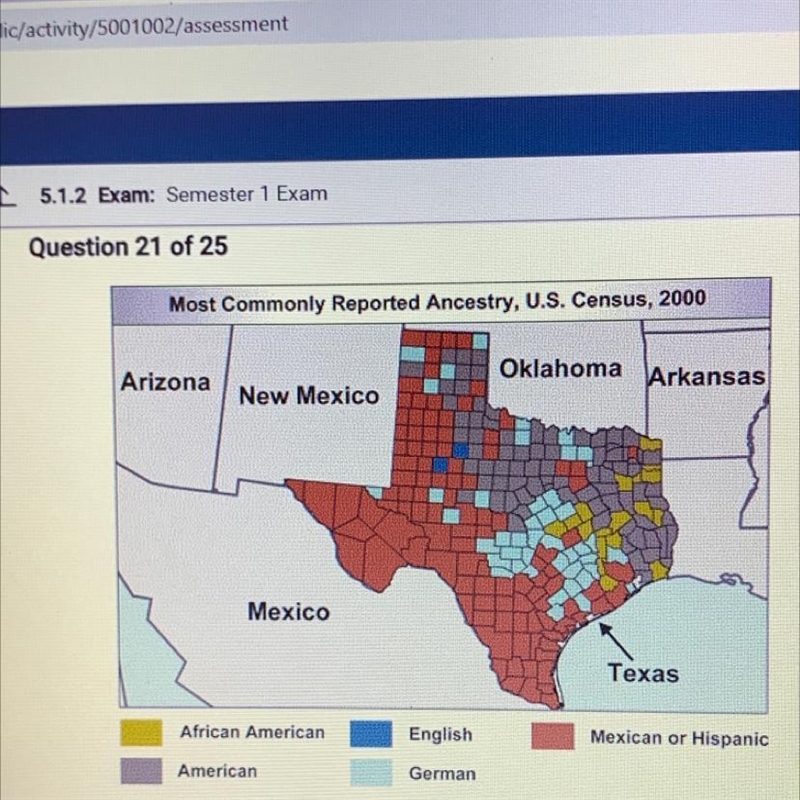 Based on this map, identify the most widespread ancestral group in Texas. How did-example-1