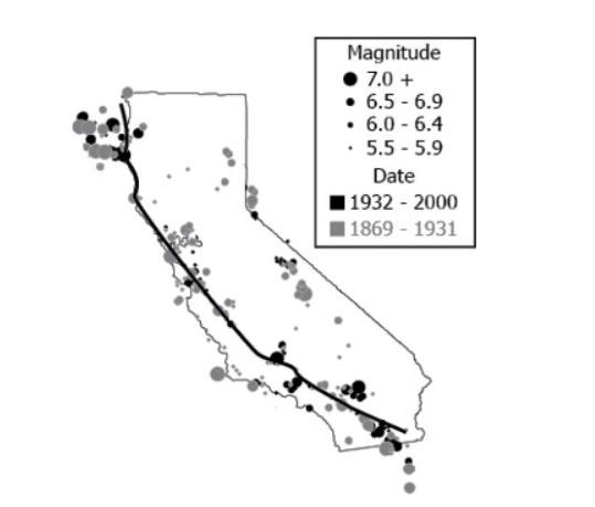 A student observes a map that shows the San Andreas fault line and some of the earthquake-example-1