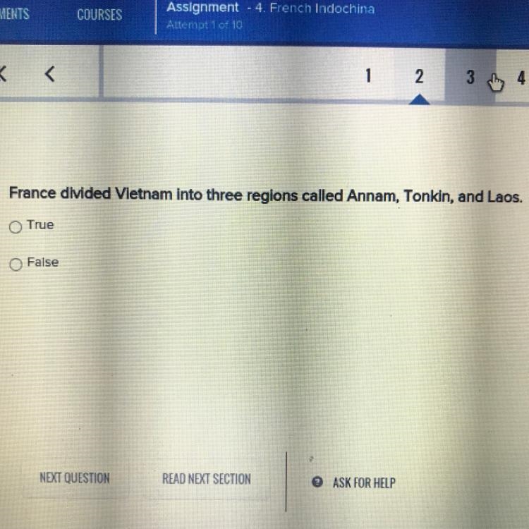 France divided Vietnam into three regions called Annam, Tonkin, and Laos. True False-example-1