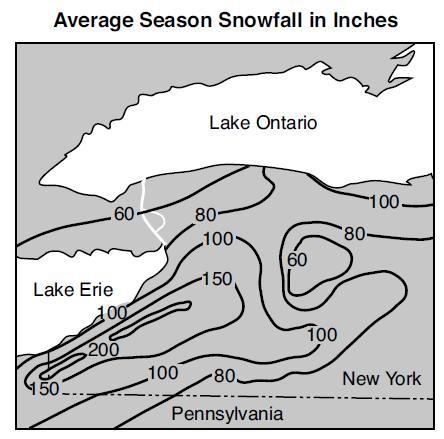 The map below shows the average annual snowfall, in inches, for western New York State-example-1