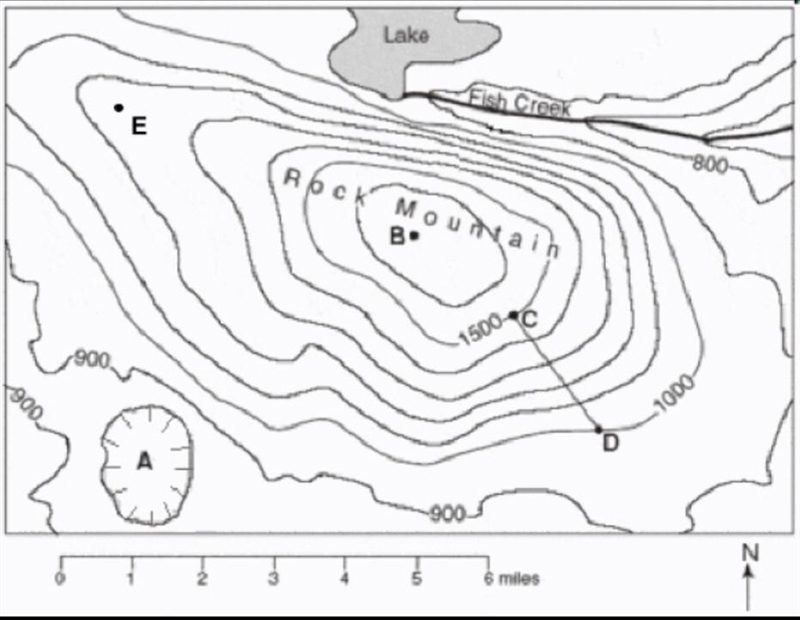 1. what is a possible elevation of Rock Mountain? 2. what si the contour interval-example-1