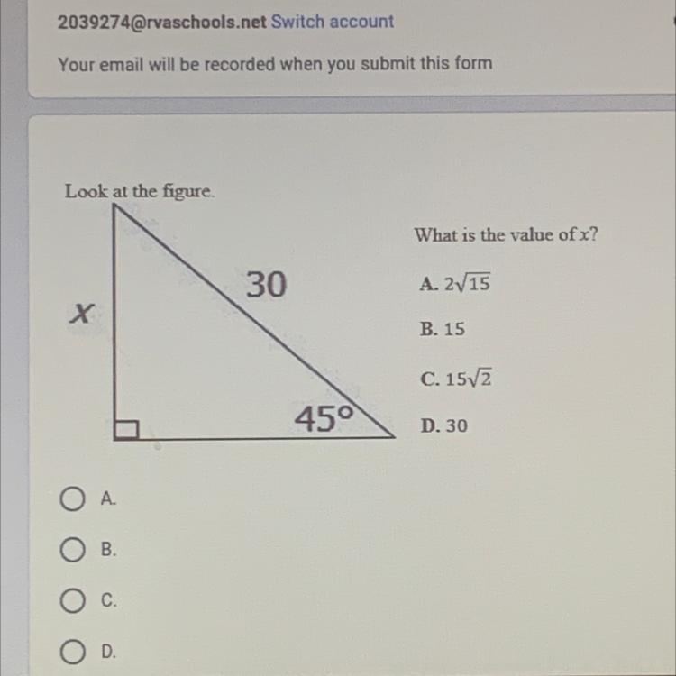 Look at the figure What is the value of x? 30 A. 2/15 + B. 15 C. 1572 450 D. 30-example-1