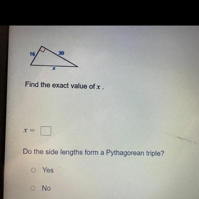 X = ? Do the side lengths for a pythagorean triangle?-example-1