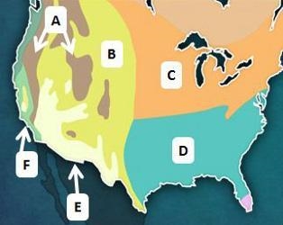 The arid climate region is labeled with the letter _____ on the map above. A. B B-example-1