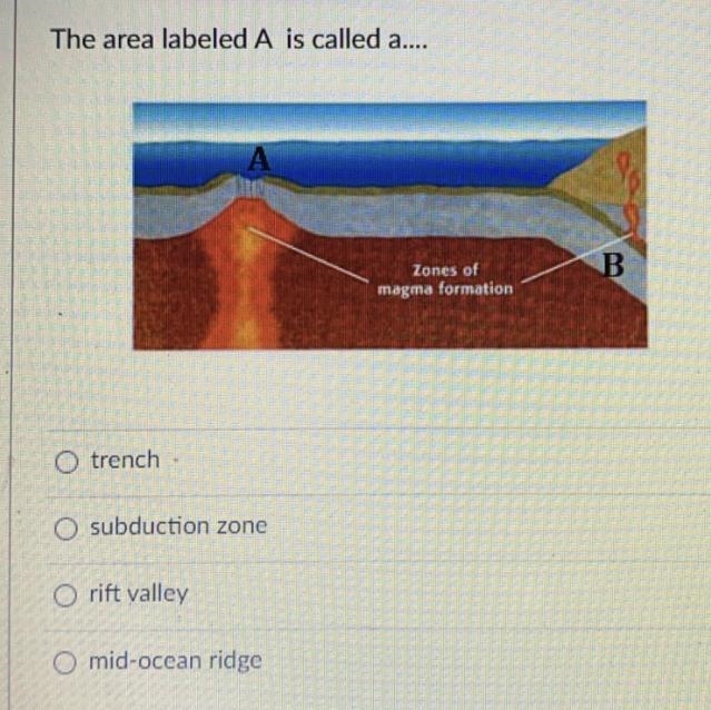 The area labeled A is called what? 1. trench 2. subduction zone 3. rift valley 4. mid-example-1