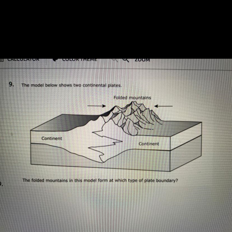 The model below shows two continental plates. The folded mountains in this model form-example-1