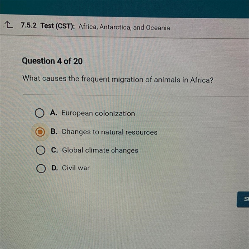 What causes the frequent migration of animals in Africa? O A. European colonization-example-1