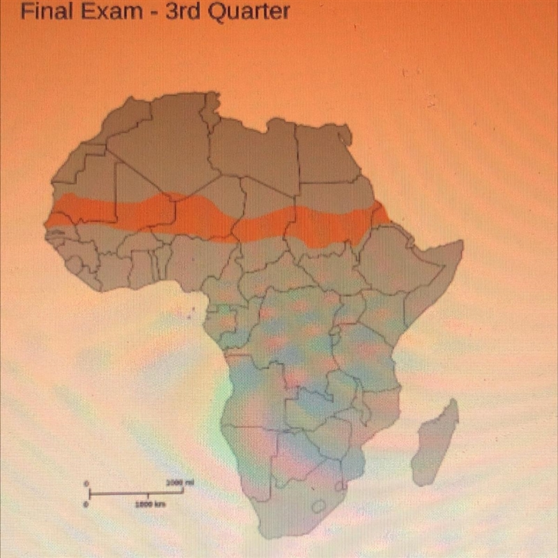 The area shaded in orange on the map would be most at risk for which of the following-example-1