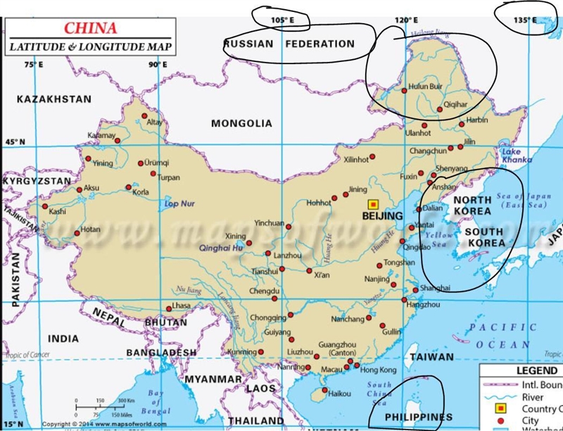 Beijing is located north of Shanghai. Shanghai is located slightly north of the 30° N-example-1