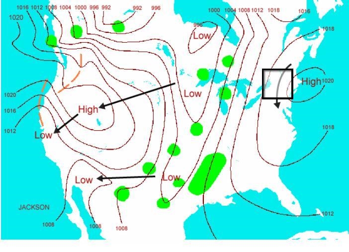 Select the correct location on the image. A weather map shows contrasting systems-example-1