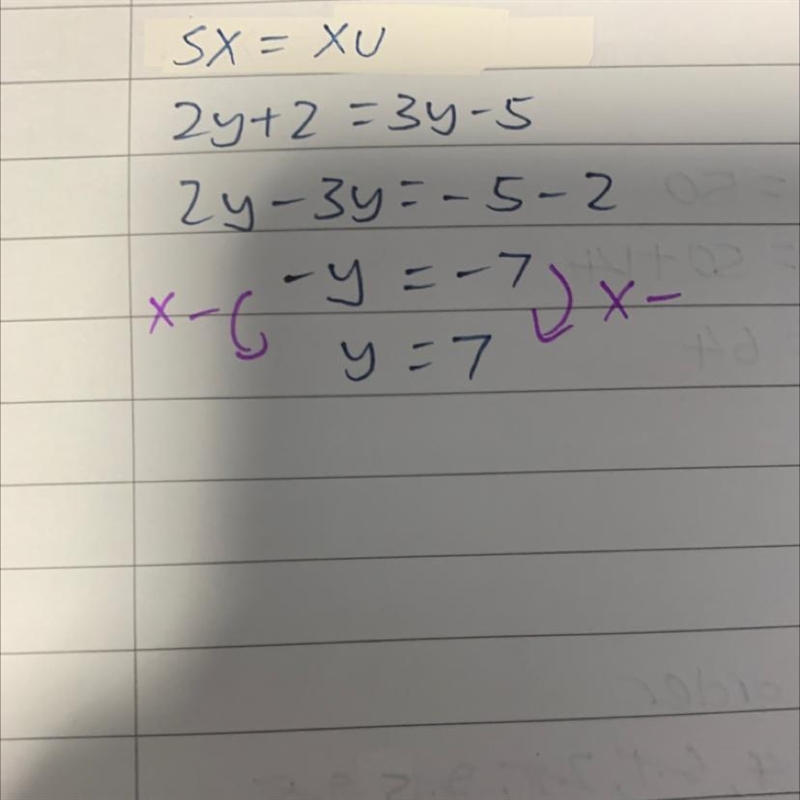 If SX=2y+2 and XU=3y-5, find the value of y-example-1