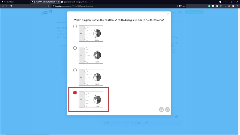 (I NEED AN ANSWER QUICKLY, PLEASE HURRY) 8. Which diagram shows the position of Earth-example-1