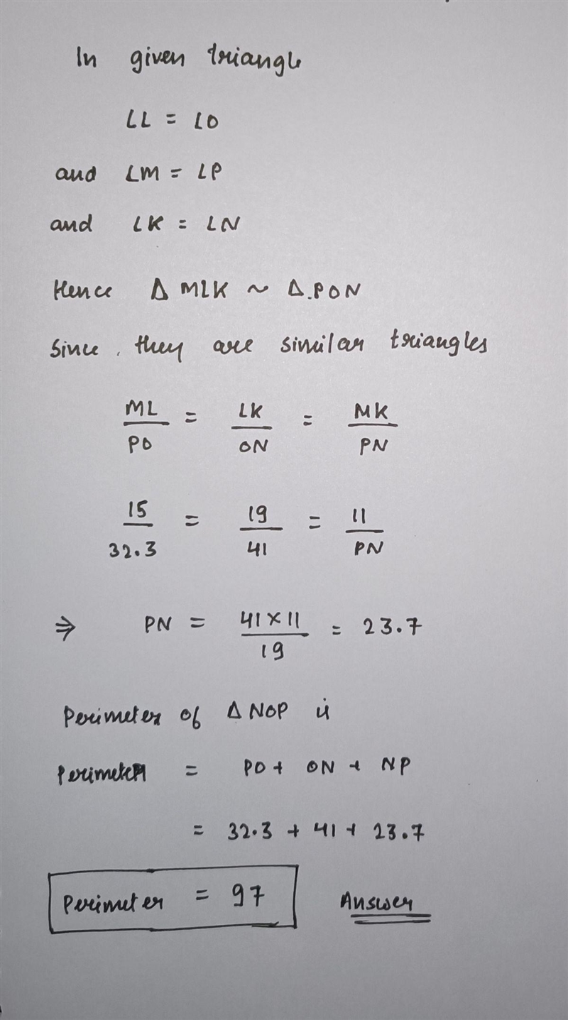 If MK=11, KL=19, ML=15, NO=41, and PO=32.3, find the perimeter of \triangle NOP△NOP-example-1