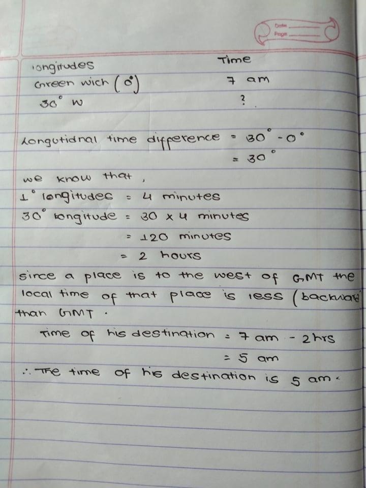 A pilot took off at 7am from GMT. he will covering 30longitudes west to reach his-example-1