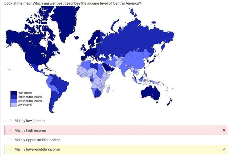 Look at the map. Which answer best describes the income level of Central America? A-example-1