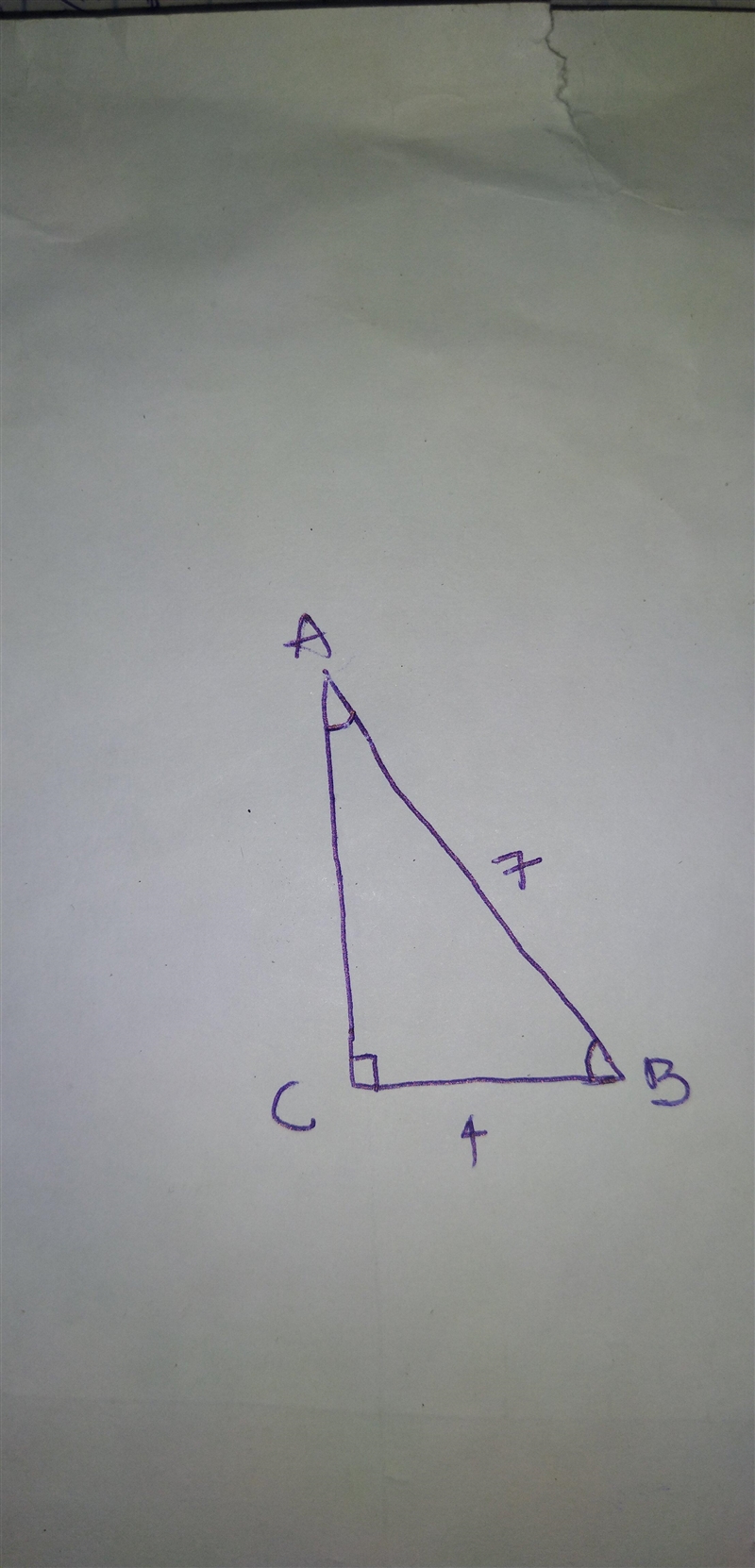 Triangle ABC has a right angle at C. Next, side AB=7m and side CB=4m. Using inverse-example-1