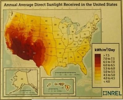 Which two states contain large areas that get more than 7.5 kWh/m2/day of sunlight-example-1