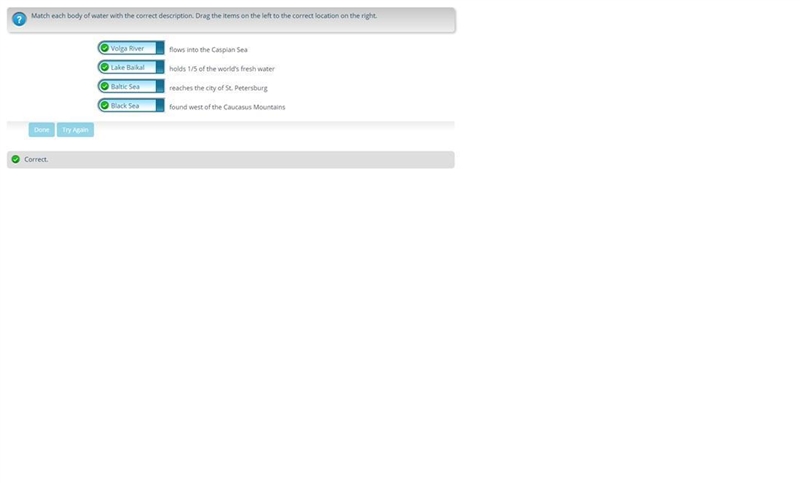 Match each body of water with the correct description. Drag the items on the left-example-1