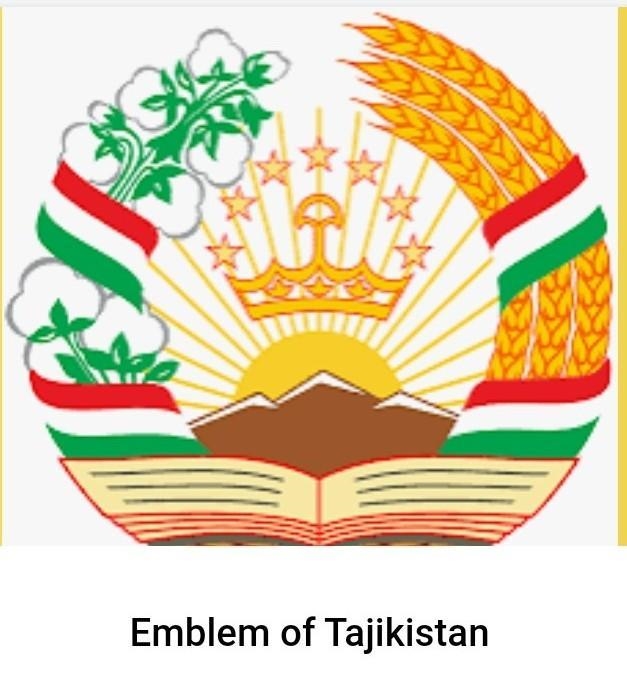 The emblem on the flag of the Republic of Tajikistan features a sunrise over mountains-example-1