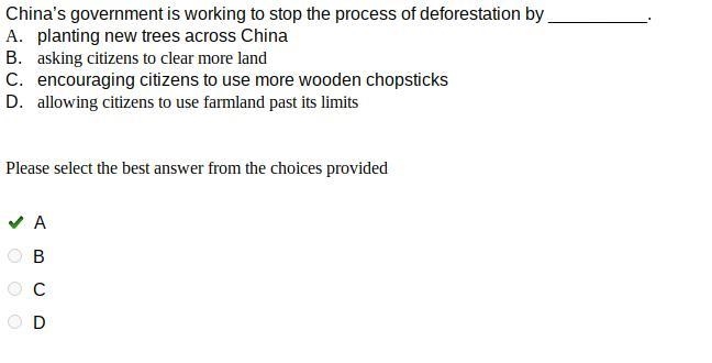 China’s government is working to stop the process of deforestation by __________. A-example-1