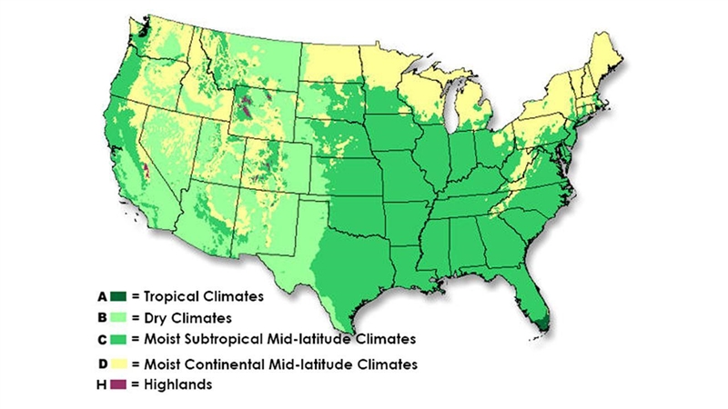 How many of the five climate types can be found in the US? A one B. two C. four D-example-1