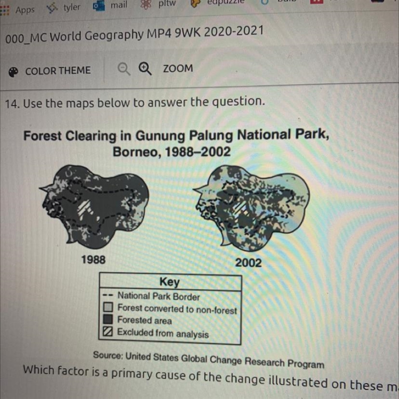 Which factor is a primary cause of the change illustrated on these maps?-example-1