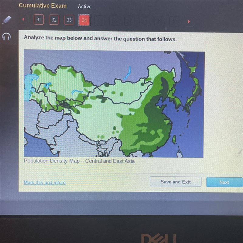 Which country on the map does not have a high population density? A. North Korea B-example-1