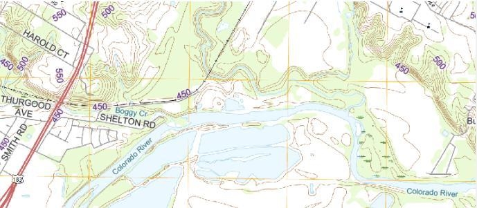 A topographic map. Two thick red lines go through areas with index contour lines with-example-1