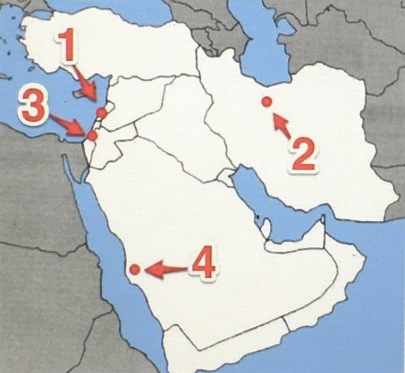 Which number on the map is pointing to the city of Jerusalem, Israel? A) 1 B) 2 C-example-1