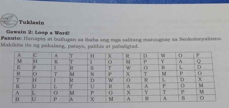 Gawain 2: Loop a Word! Panuto: Hanapin at builugan sa ibaba ang mga salitang maluugnay-example-1