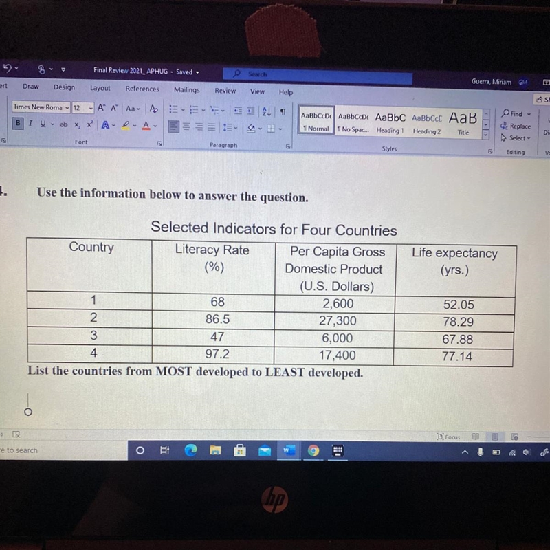 List the countries from MOST to LEAST developed-example-1