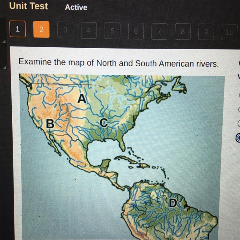 Examine the map of North and South American rivers. Which letter on this map shows-example-1