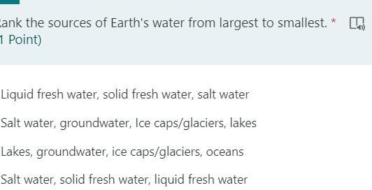 Rank the sources of Earth's water from largest to smallest-example-1