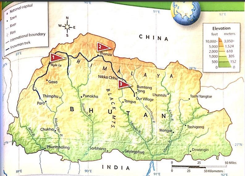 Based on the map and description of Bhutan, why do you think people built most of-example-1