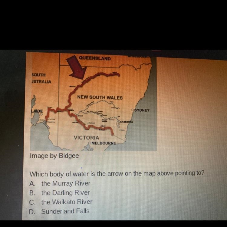 Which body of water is the arrow on the map above pointing to? A. the Murray River-example-1