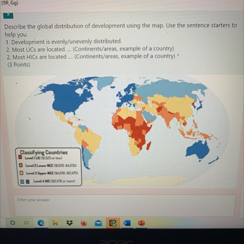 Describe the global distribution of development using the map. Use the sentence starters-example-1