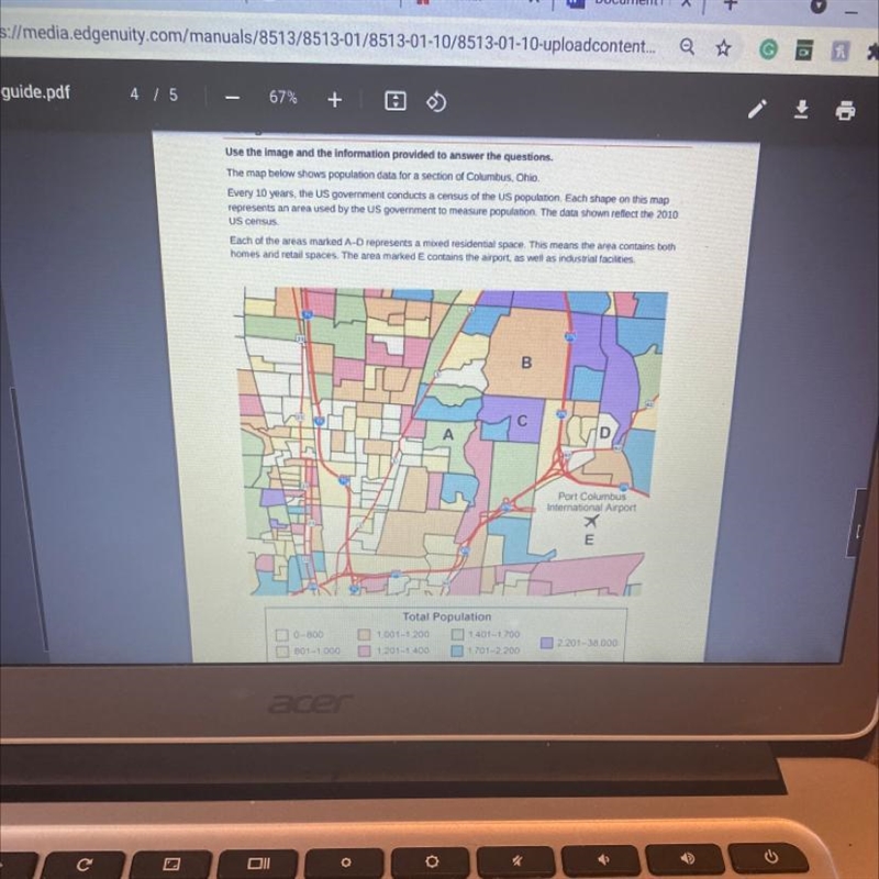 1. According to the map, what is the total population of each of the five areas? Area-example-1