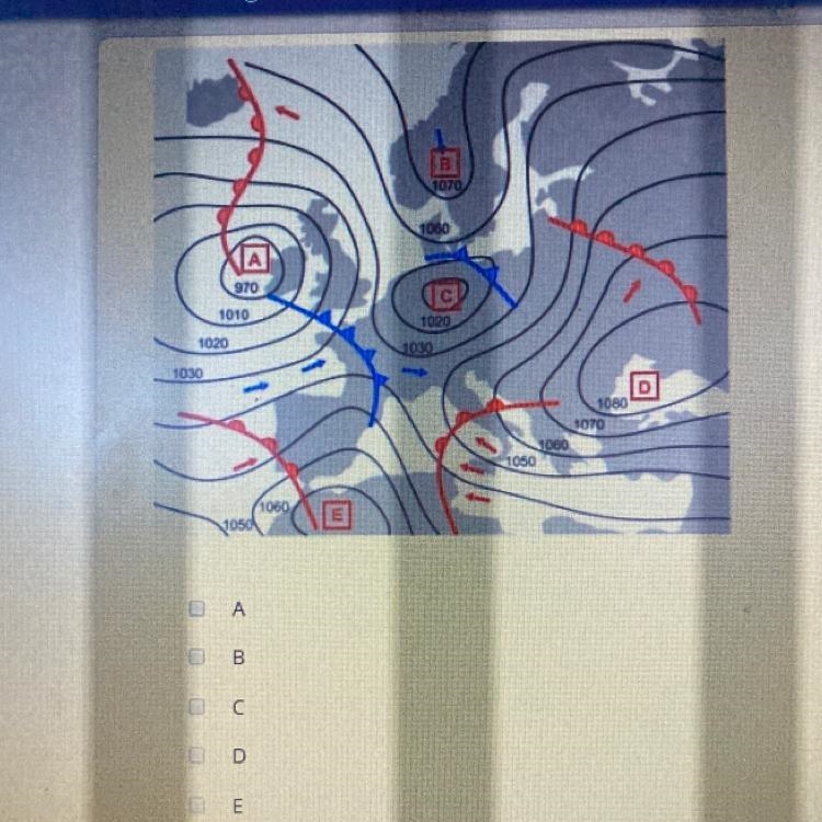 Which locations on the map are the low-pressure areas?-example-1