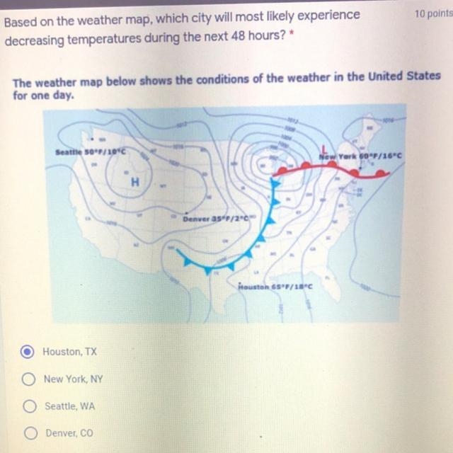 30 points Based on the weather map, which city will most likely experience decreasing-example-1