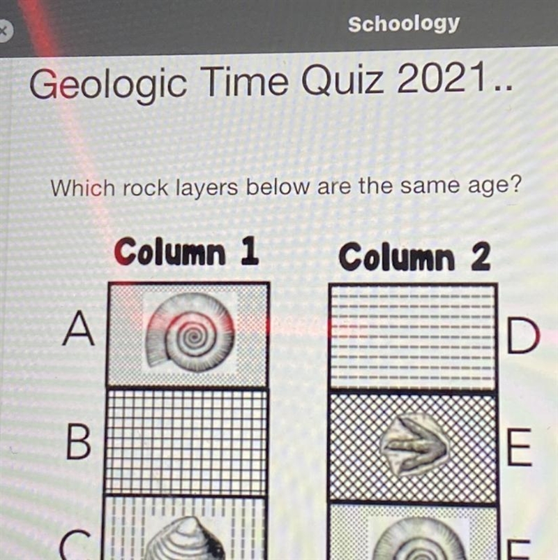 Which rock layers below are the same age? Column 1 Column 2 A А. D B. E С C F.-example-1