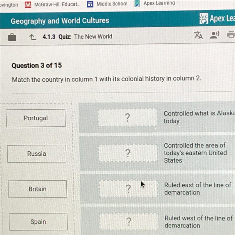 Match the country in column 1 with its colonial history in column 2.-example-1