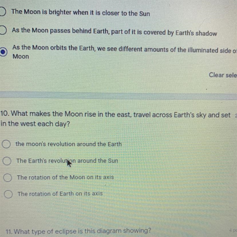 What makes the moon rise in the east travel across the earth sky and set in the west-example-1