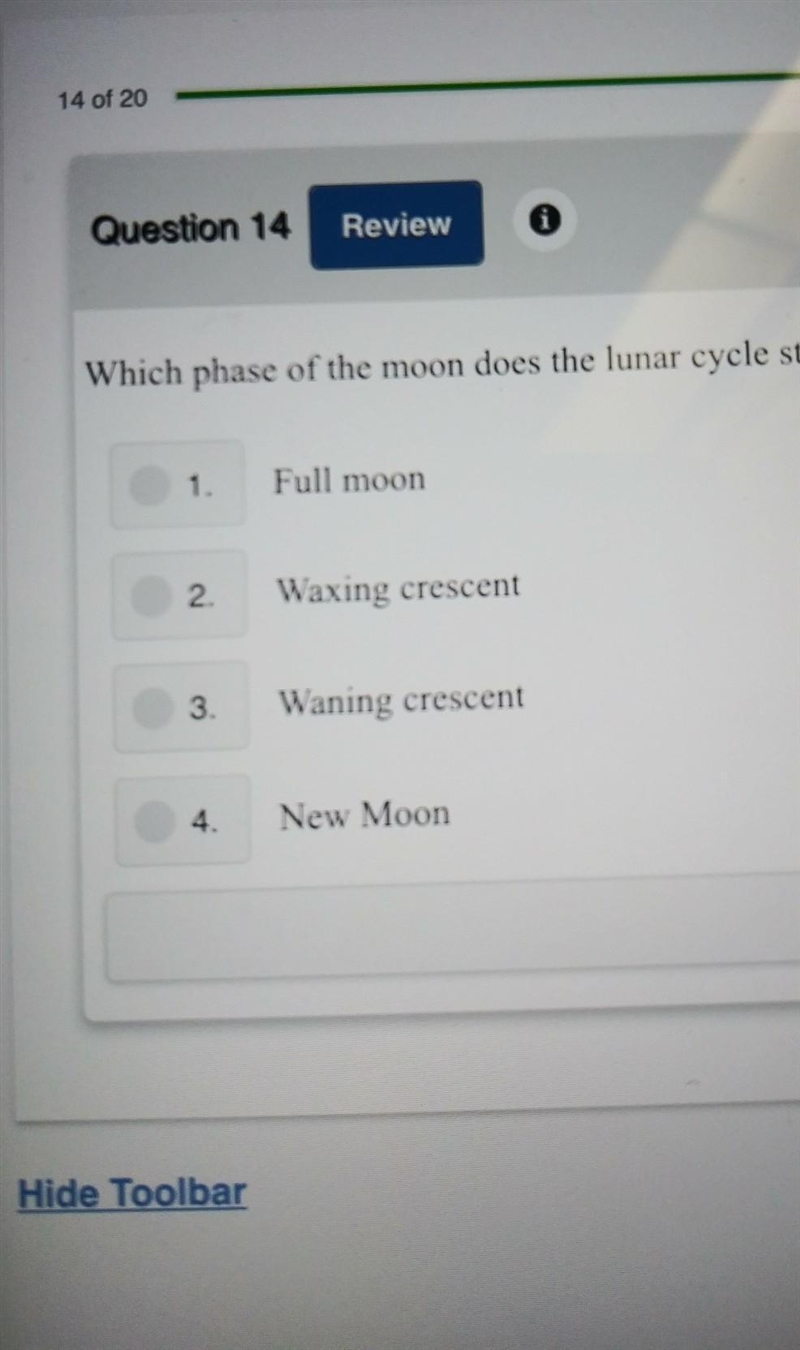 Which phase of the moon does the lunar cycle start with?​-example-1