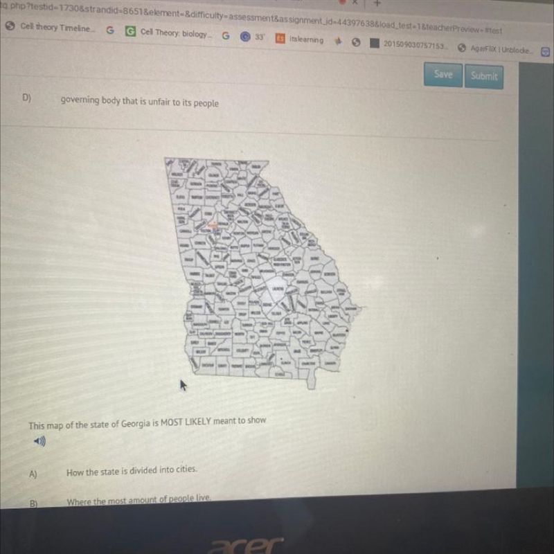 This map of the state of Georgia is MOST LIKELY meant to show A) How the state is-example-1